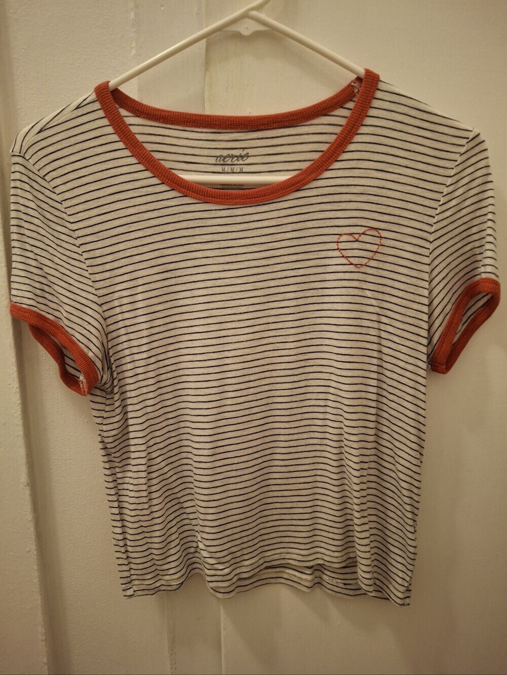 Striped White&Black Baby Tee with Red Trim
